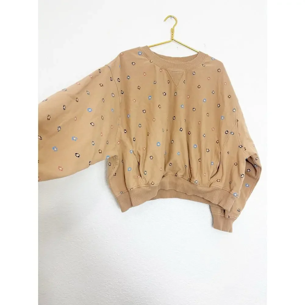 Madewell Terry Sweatshirt in Dot Daisy Size 2X Tan Sloucy Oversized Boho Lounge